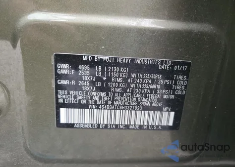 2017 Subaru Outback Touring z USA, uszkodzony, nr VIN 4S4BSATC6H3327023